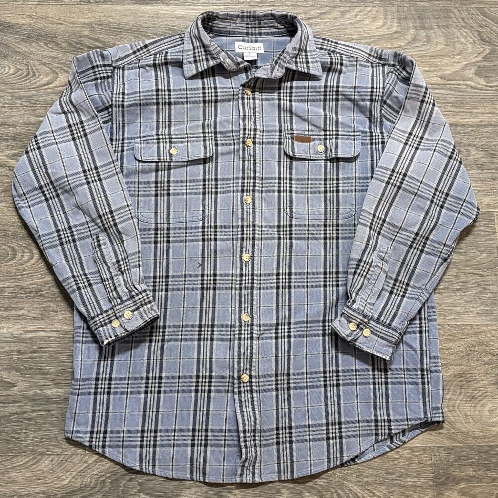 Carhartt S129 Heavyweight Flannel Work Shirt Large Blue Plaid Thrashed Cotton